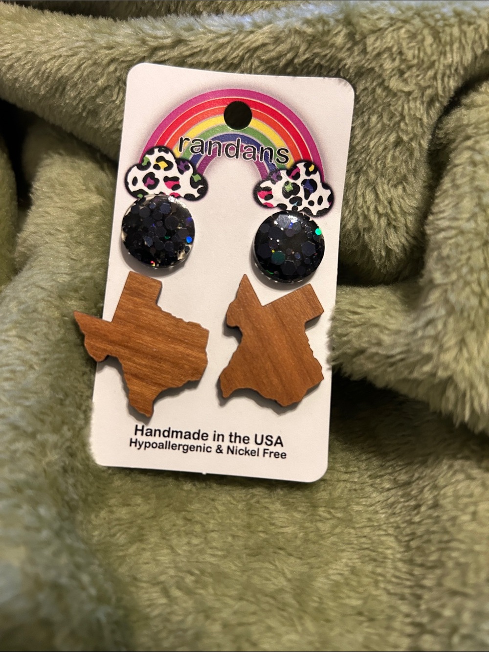 Texas Wood & Black Glitter Earrings - Hypoallergenic